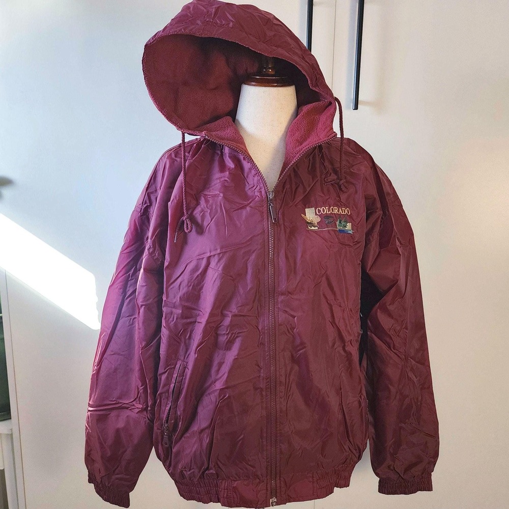 L Burgundy Unisex Vintage Colorado Embroidered Jacket with Hood